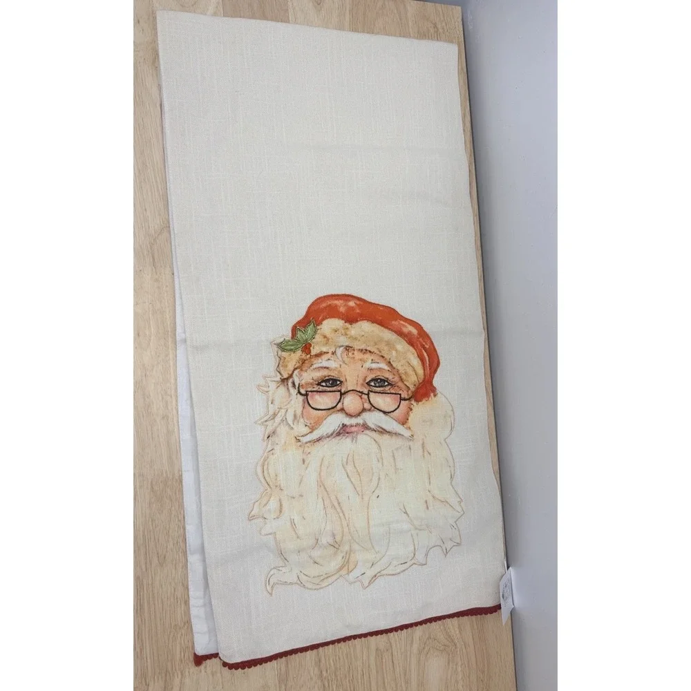 Oak Street Santa Christmas Table Runner 14x56 Cotton Appliqué Pom Pom Trim #3
